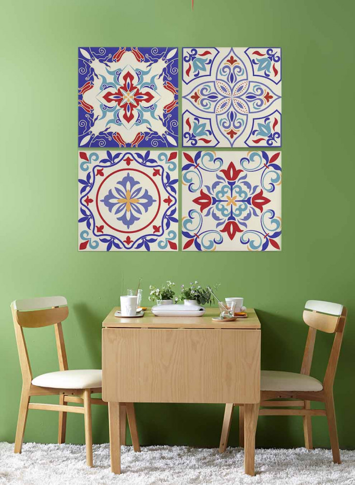 A set of 4 square canvas panels on a wooden frame, ceramic pattern design in vibrant colors, for home, living room, office, decoration