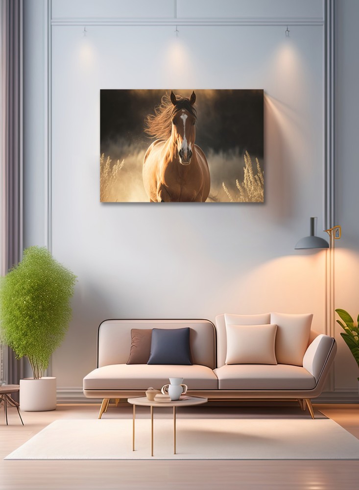Canvas board on wooden frame with horse in the forest design