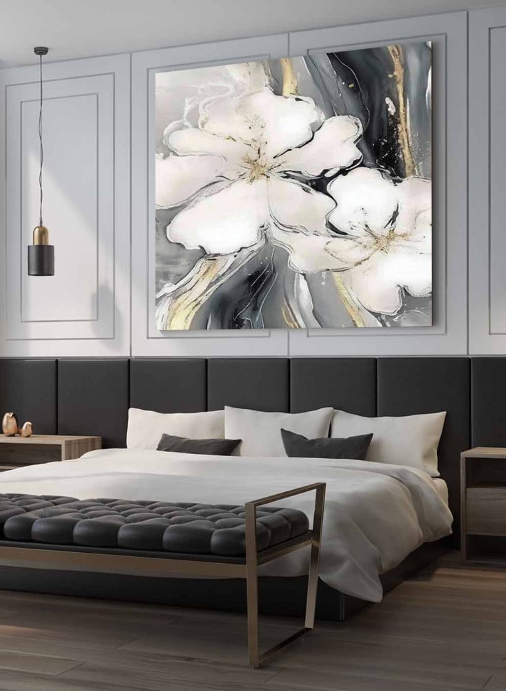Canvas square painting on wooden frame, oil art design of flowers, for home, living room, office, decoration