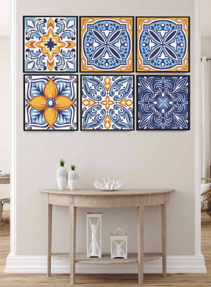 Set of 6 square canvas panels on a wooden frame, colorful Mexican pattern design, for home, living room, office, decor