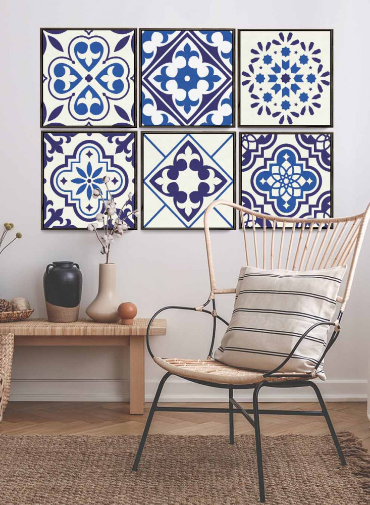 Set of 6 square canvas panels on a wooden frame, floral decorative patterns design, for home, living room, office, decoration