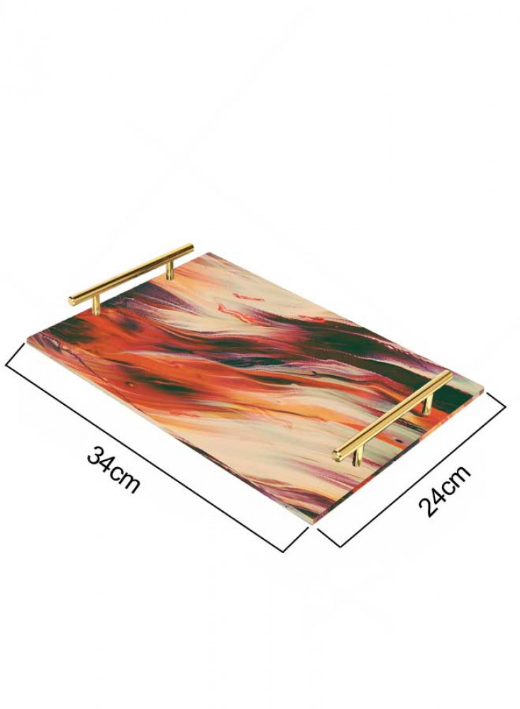 Decorative serving tray made of acrylic with a watercolor design with gold-tone metal handles