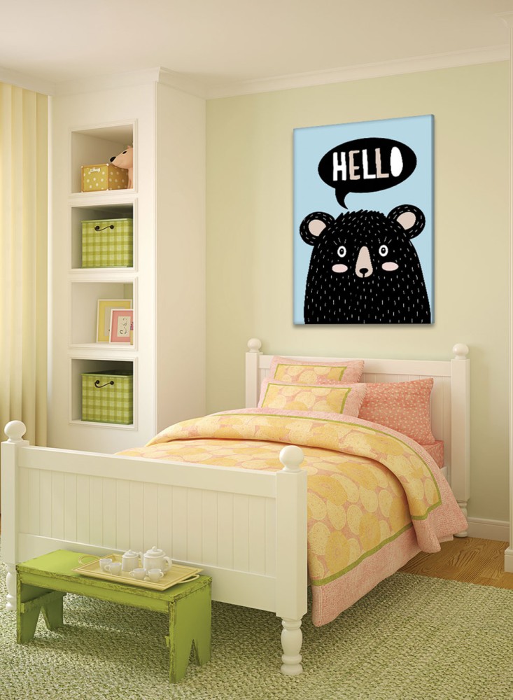 Canvas painting on wooden frame with a playful bear design