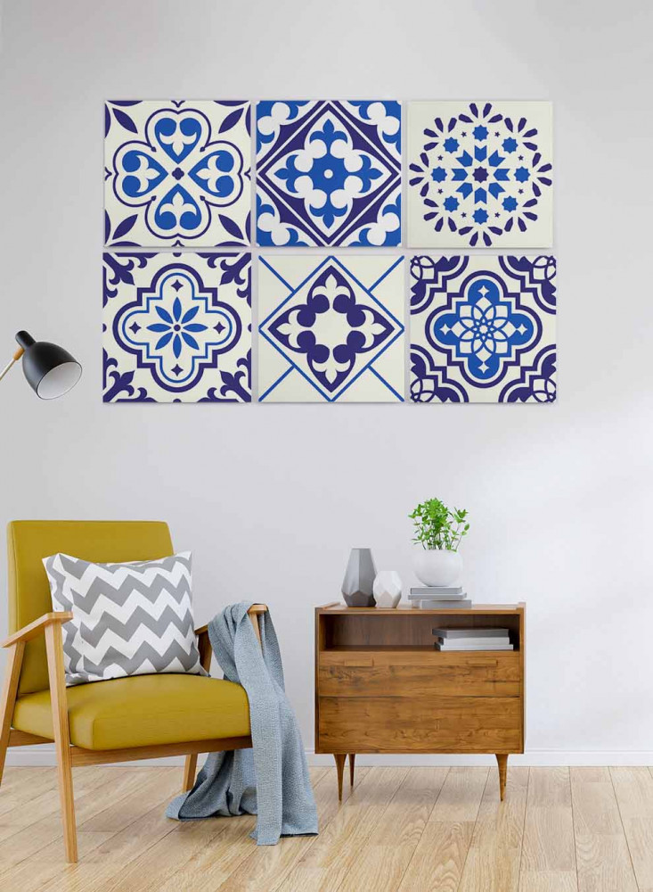 Set of 6 square canvas panels on a wooden frame, floral decorative patterns design, for home, living room, office, decoration