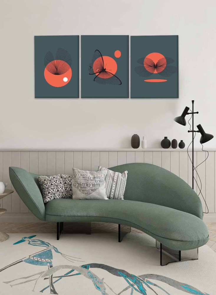 A set of 3 canvas panels on a wooden frame with a butterfly design and the sun