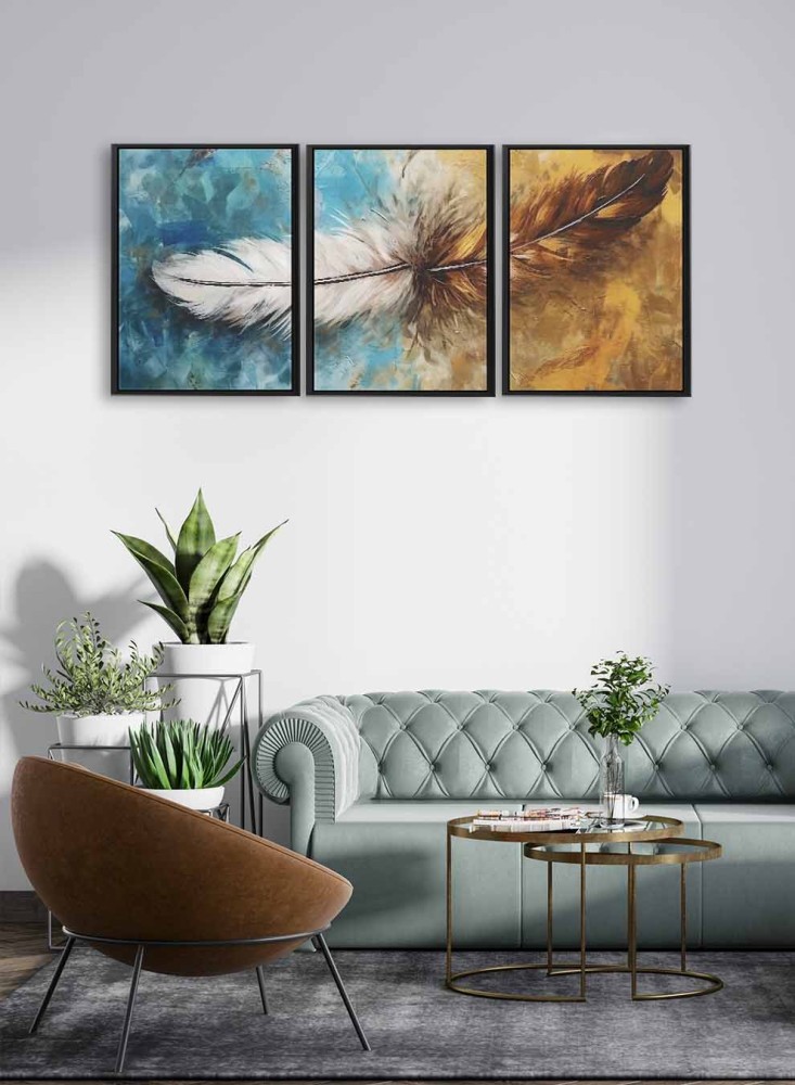 A set of 3 canvas panels on a wooden frame with an abstract art design of a colorful brush.