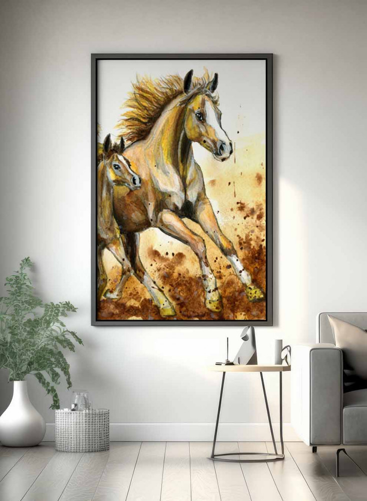 Canvas painting on a wooden frame, design of running horses, for home, living room, office, decoration