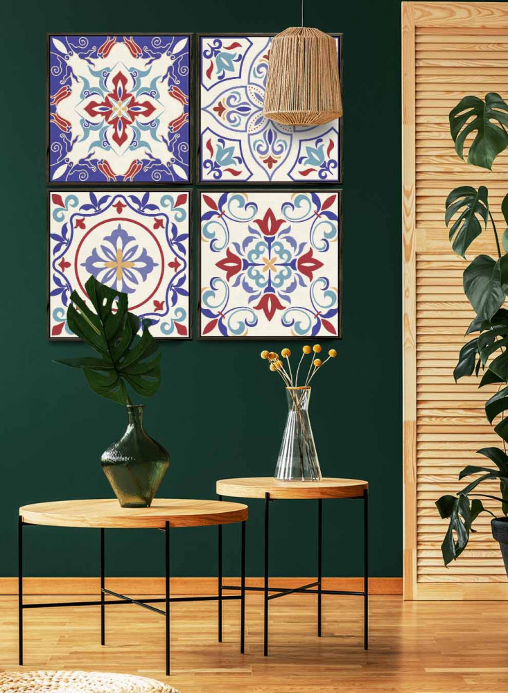 A set of 4 square canvas panels on a wooden frame, ceramic pattern design in vibrant colors, for home, living room, office, decoration