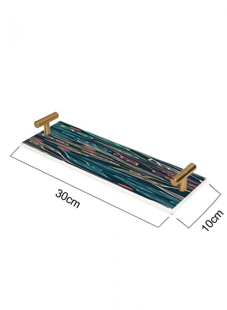 Serving tray made of acrylic with a decorative floral design and gold-tone metal handles