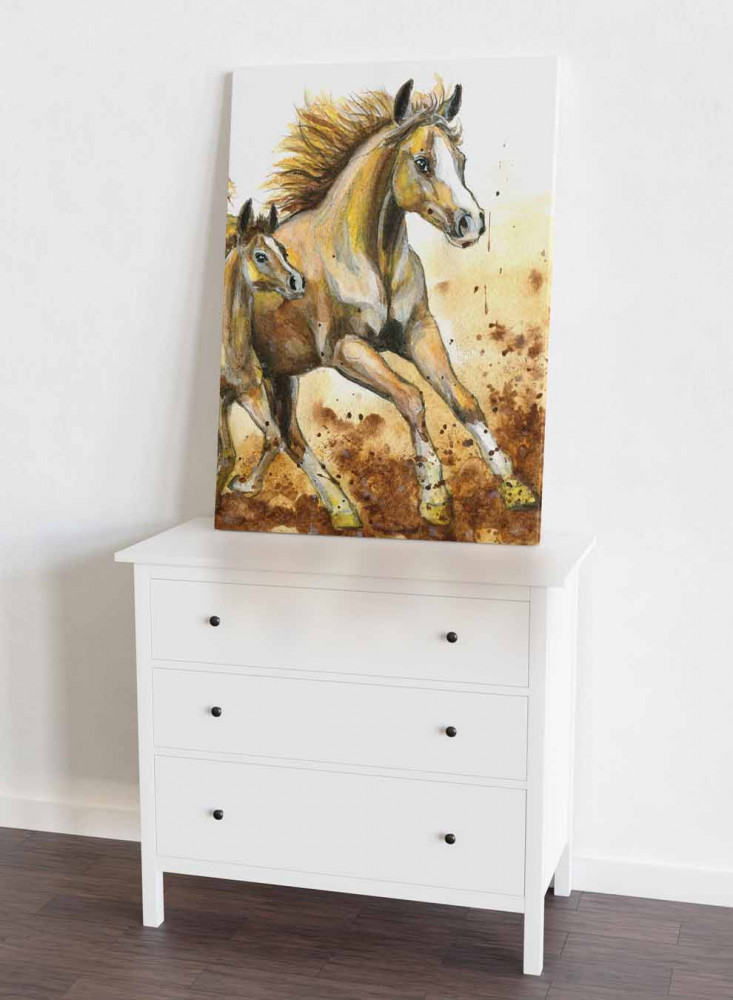 Canvas painting on a wooden frame, design of running horses, for home, living room, office, decoration