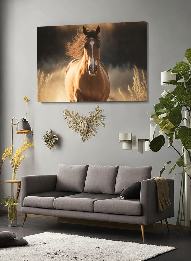 Canvas board on wooden frame with horse in the forest design