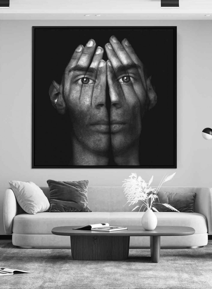 Canvas square painting on wooden frame, design of a man covering his face, for home, living room, office, decoration