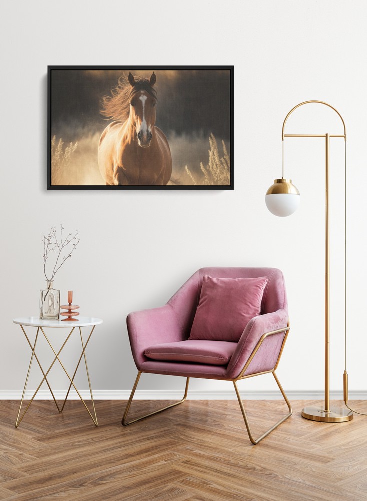 Canvas board on wooden frame with horse in the forest design