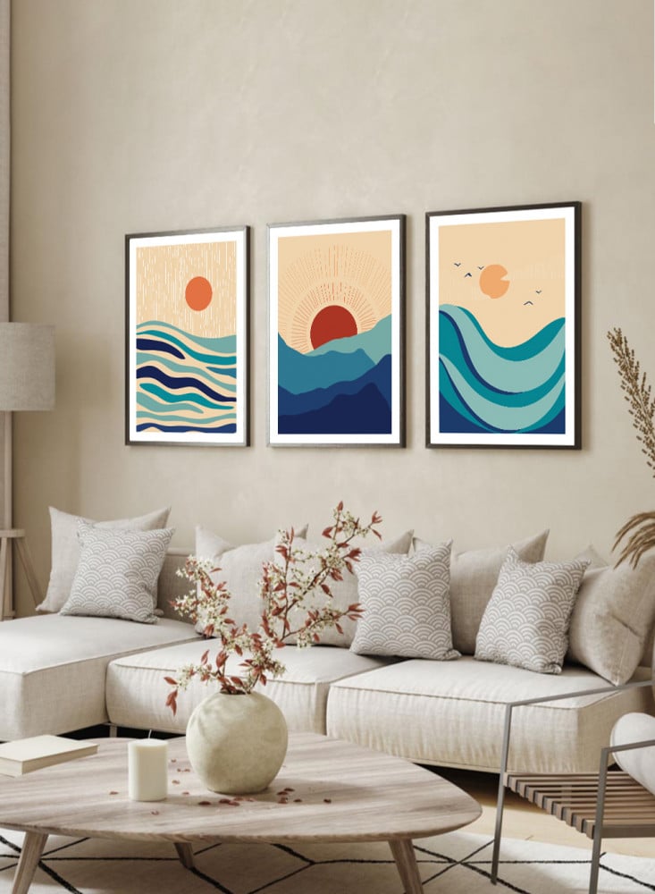 Set of 3 Canvas paintings on a wooden frame, sea, mountains, sun and birds design, for home, living room, office, decoration