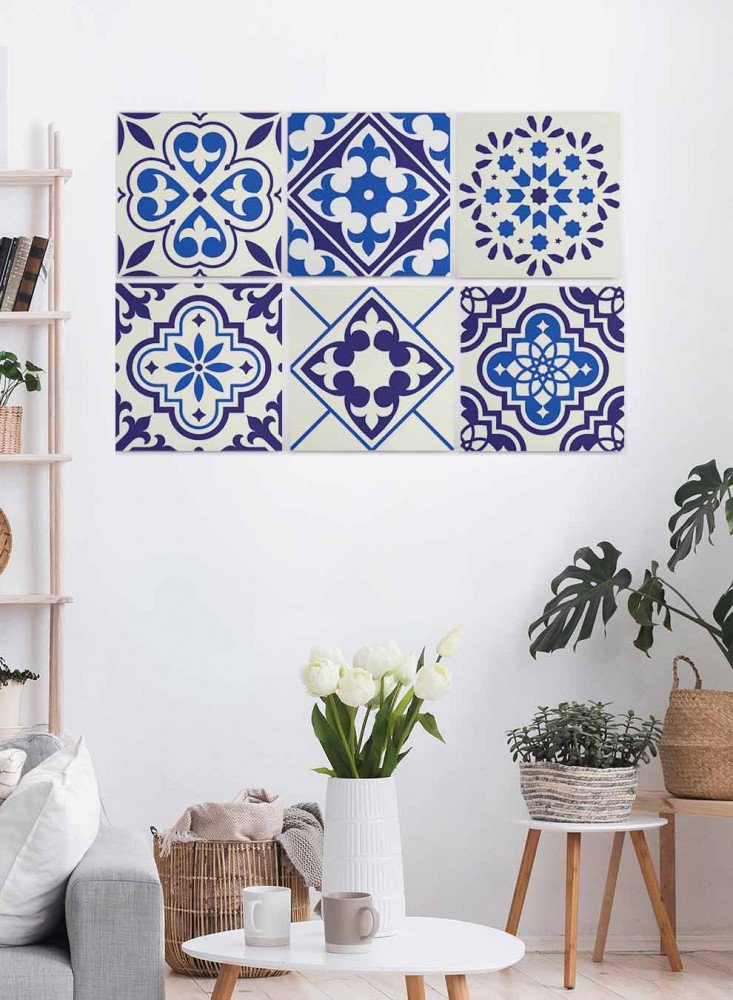 Set of 6 square canvas panels on a wooden frame, floral decorative patterns design, for home, living room, office, decoration
