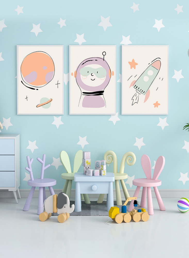 Set of 3 Canvas Paintings on Wooden Frame, Astronaut and Spaceship Kids Drawing Design, for Home, Living Room, Office, Decor