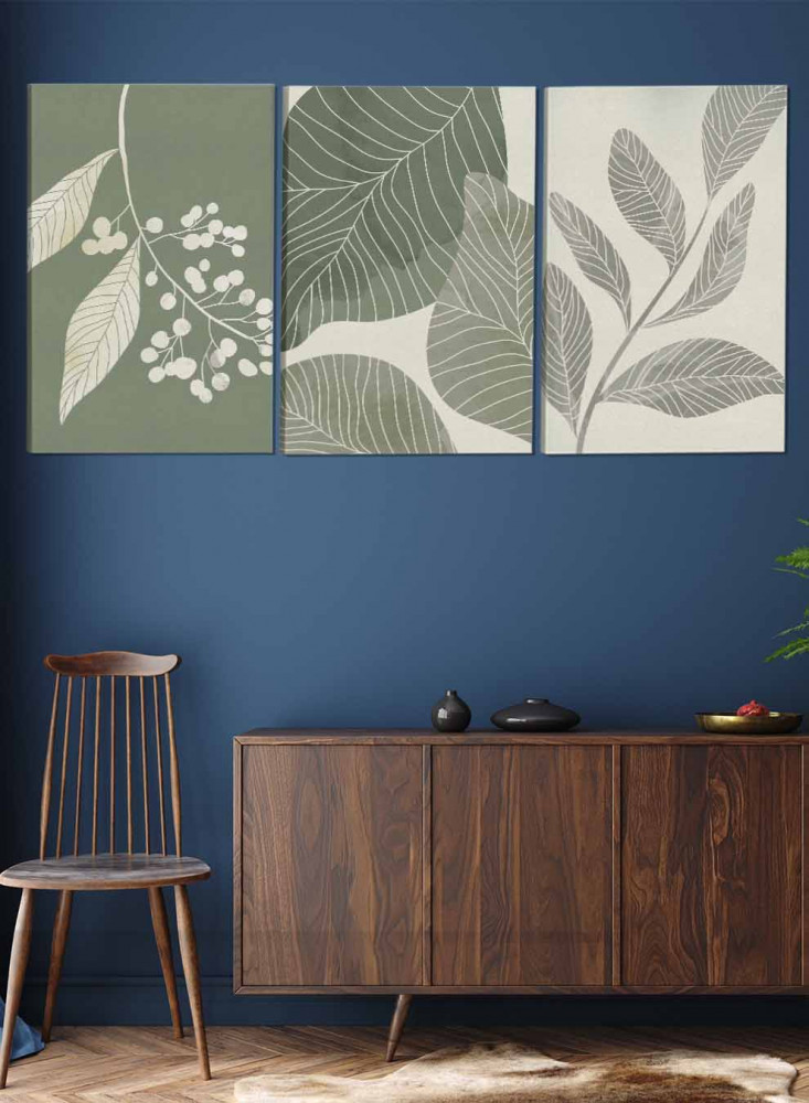 Set of 3 Canvas Paintings on Wooden Frame, Botanical Leaves Design, for Home, Living Room, Office, Decoration