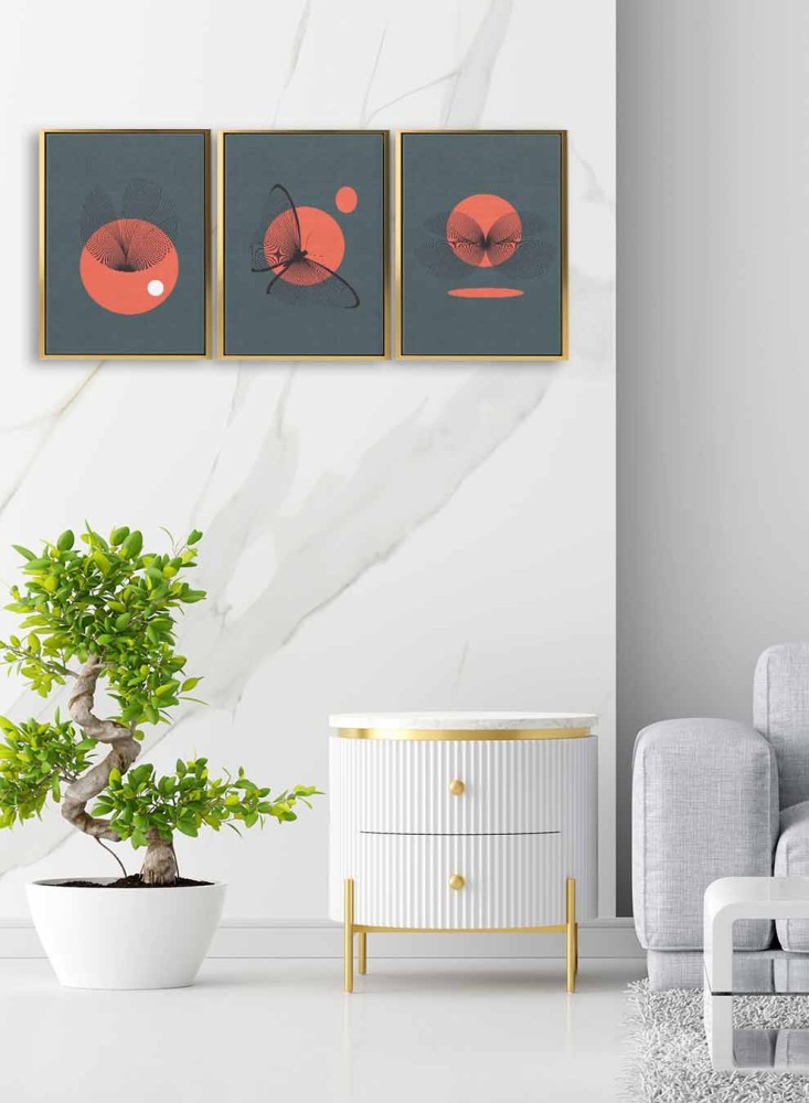 A set of 3 canvas panels on a wooden frame with a butterfly design and the sun