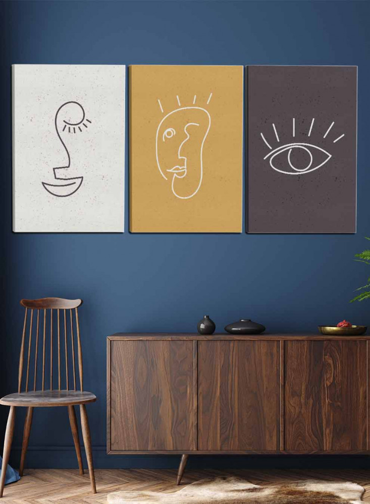 طقم من ٣ لوحات كانفاس على إطار خشبي، تصميم رسم تجريدي للوجه والعين، للمنزل، غرفة المعيشة، المكتب، الديكور