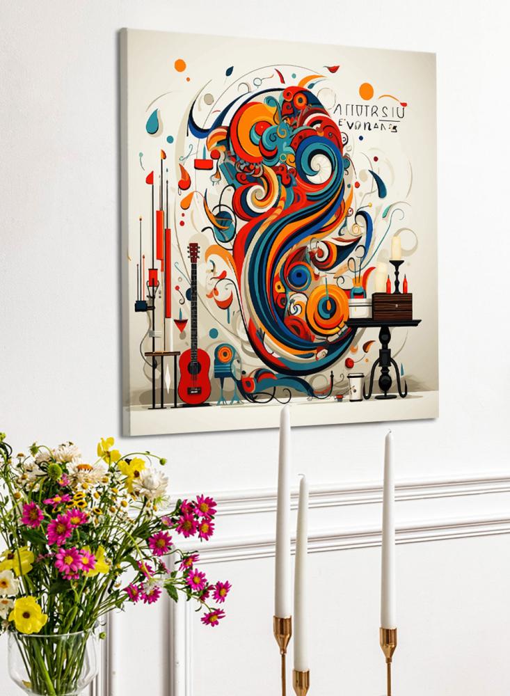 Canvas board on a wooden frame with conceptual art for a violin design with a colorful background