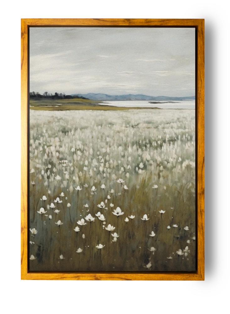 Canvas painting on a wooden frame with an outer frame in wood color and a classic abstract art design of flowers