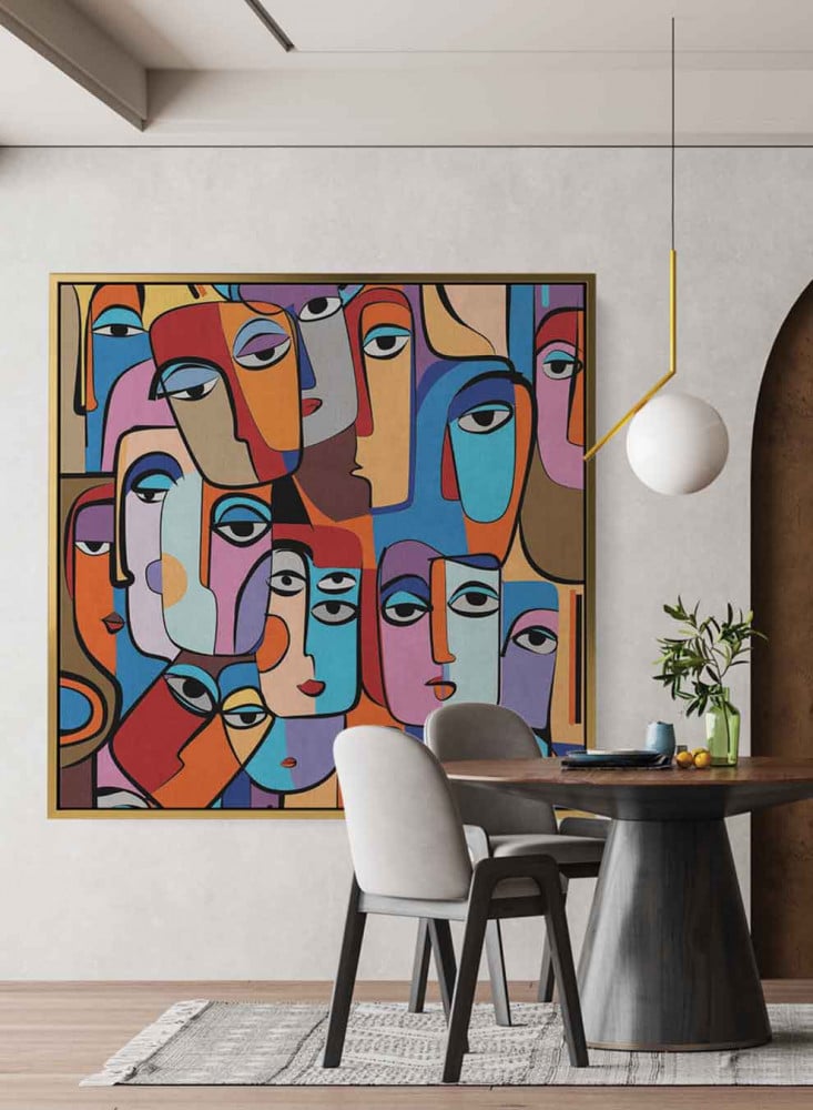 Canvas square painting on wooden frame, abstract art design of colorful faces, for home, living room, office, decoration