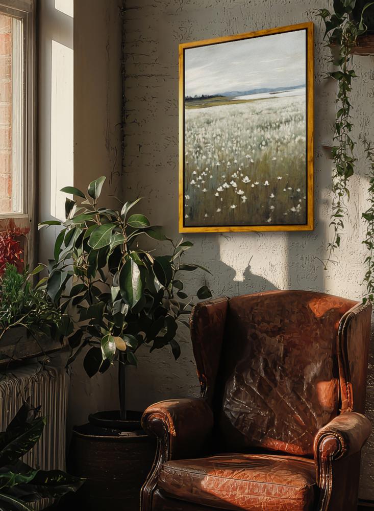 Canvas painting on a wooden frame with an outer frame in wood color and a classic abstract art design of flowers