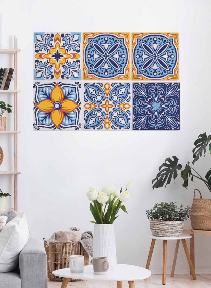 Set of 6 square canvas panels on a wooden frame, colorful Mexican pattern design, for home, living room, office, decor