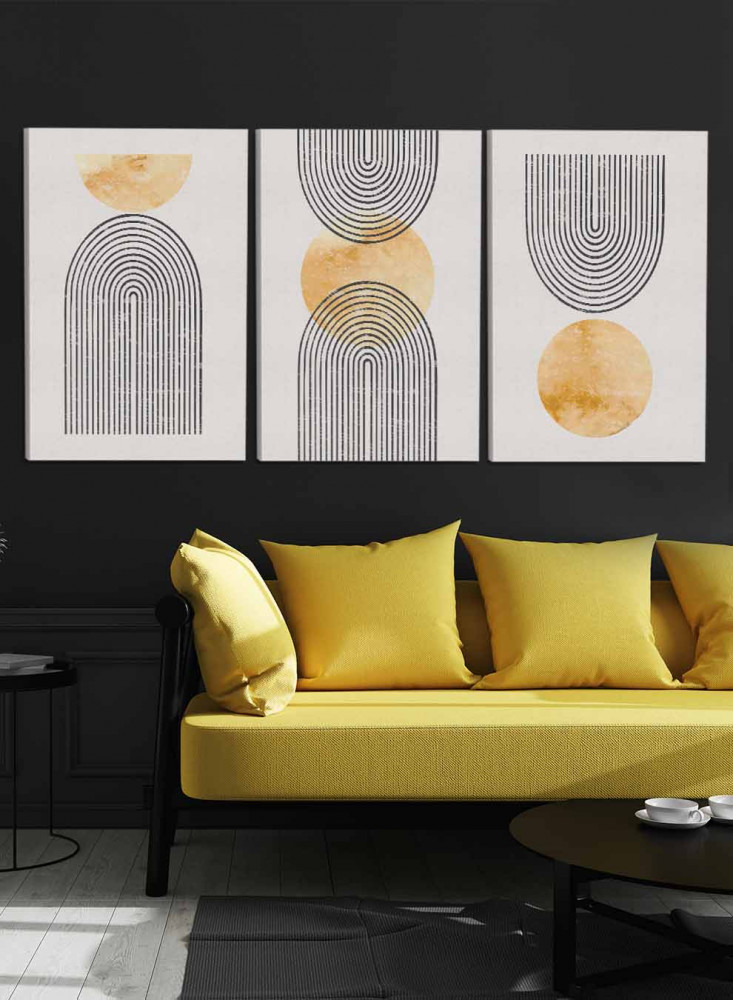 طقم من ٣ لوحات كانفاس على إطار خشبي، تصميم رسم للقمر وخطوط دائرية، للمنزل، غرفة المعيشة، المكتب، الديكور
