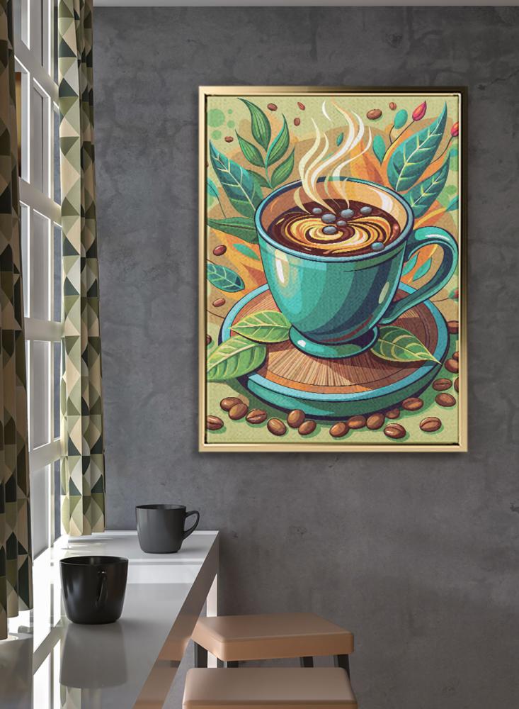 Canvas painting on a wooden frame with a coffee cup design and cocoa leaves