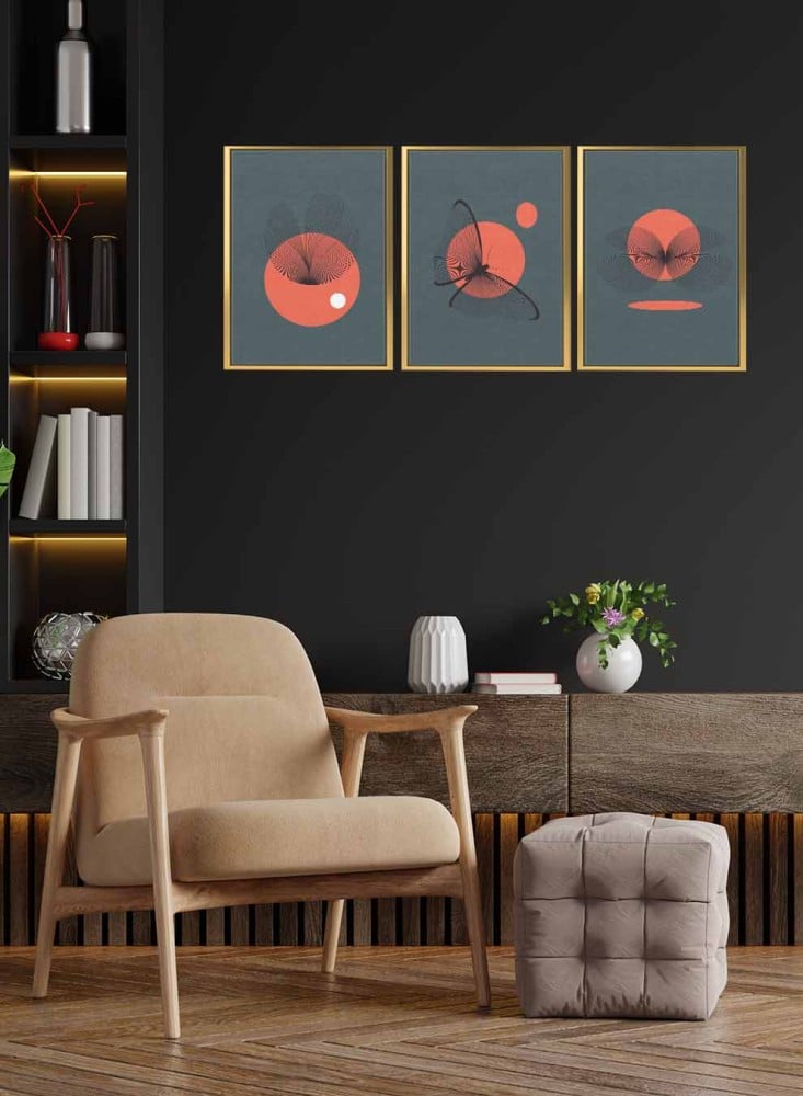 A set of 3 canvas panels on a wooden frame with a butterfly design and the sun