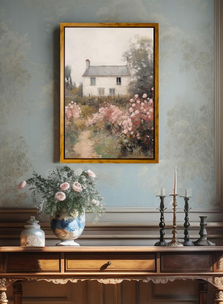Canvas board on a wooden frame with an outer wooden frame and a classic house design surrounded by flowers
