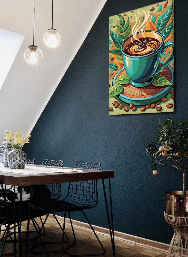 Canvas painting on a wooden frame with a coffee cup design and cocoa leaves