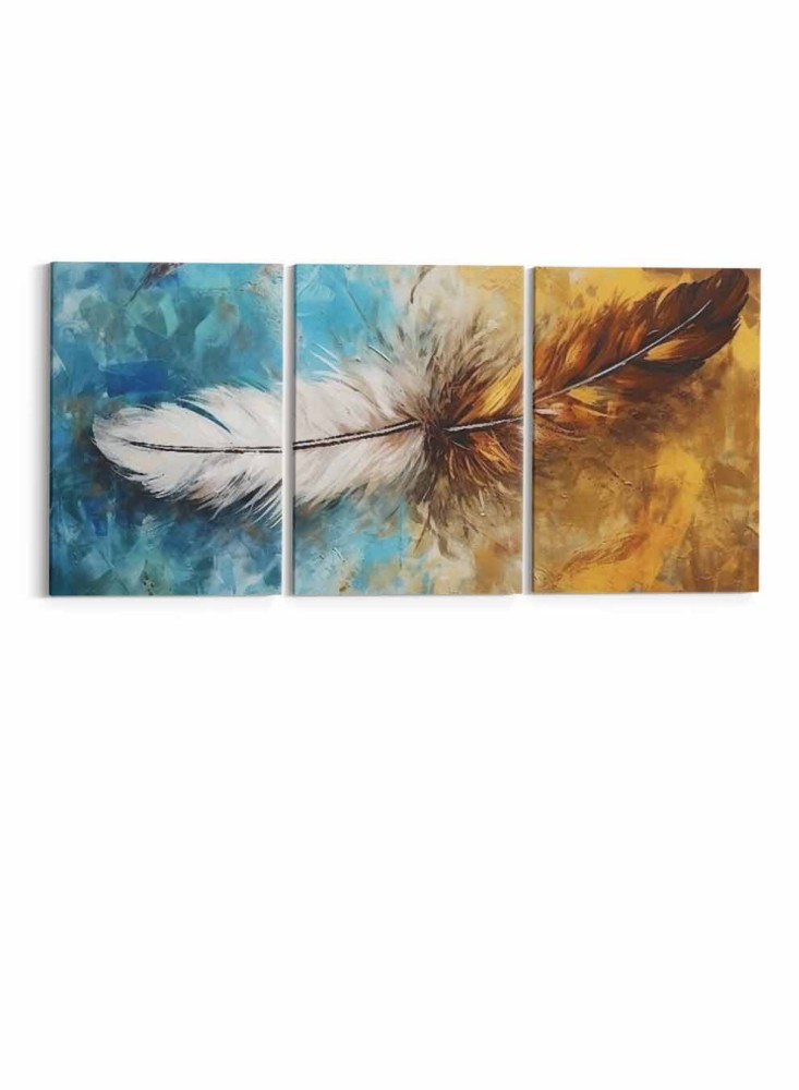 A set of 3 canvas panels on a wooden frame with an abstract art design of a colorful brush.