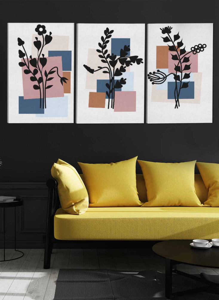 Set of 3 Canvas Paintings on Wooden Frame, Botanical Flowers Design, for Home, Living Room, Office, Decoration