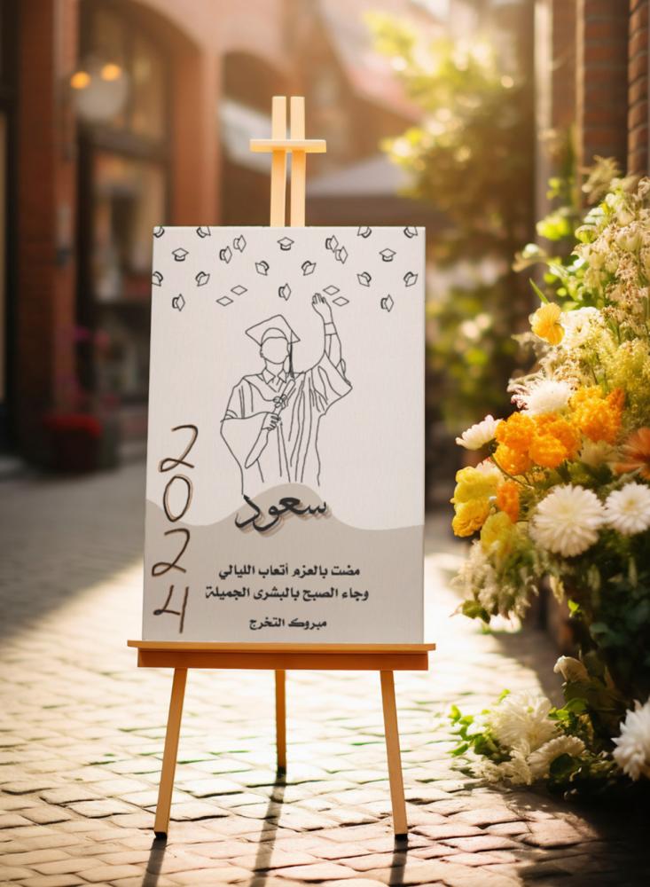 لوحة كانفاس للتهنئة لخريجي ٢٠٢٤ بإسم الخريج وتصميم مضت بالعزم أتعاب الليالي