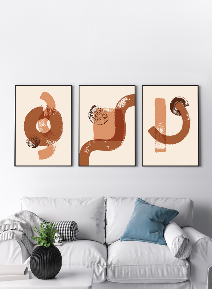 طقم من ٣ لوحات كانفاس على إطار خشبي، تصميم رسم تجريدي بالفرشاة، للمنزل، غرفة المعيشة، المكتب، الديكور