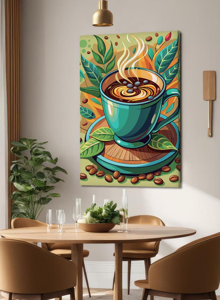 Canvas painting on a wooden frame with a coffee cup design and cocoa leaves