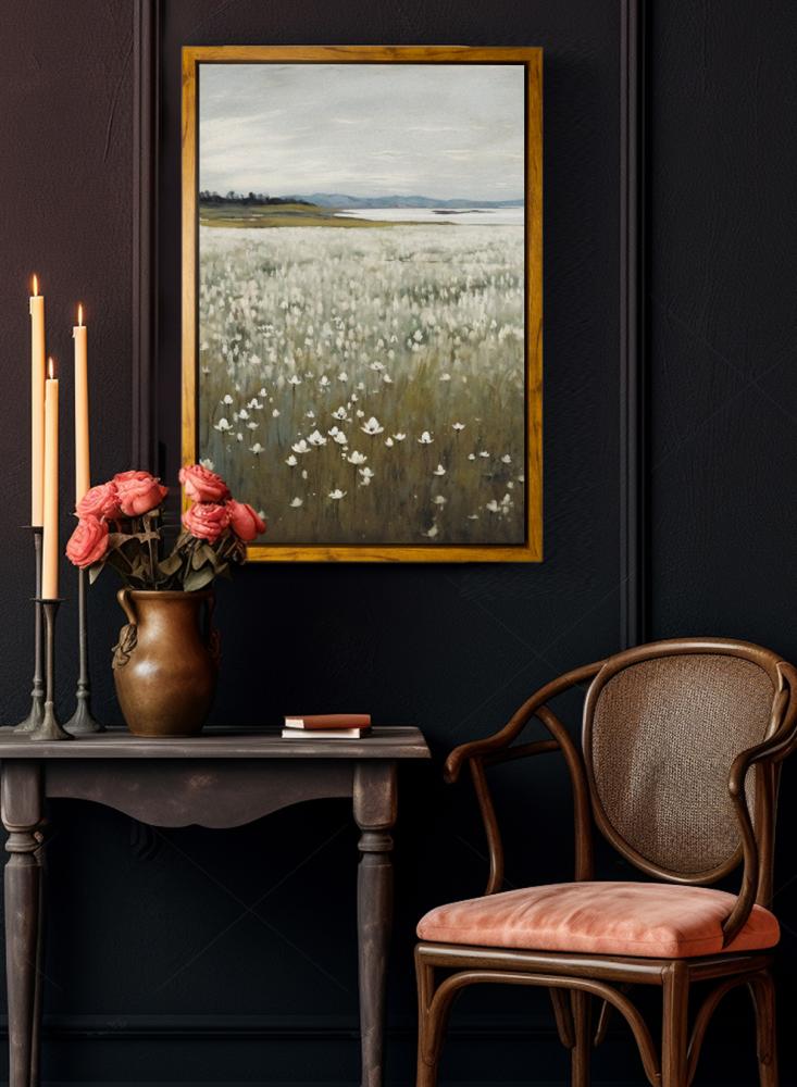 Canvas painting on a wooden frame with an outer frame in wood color and a classic abstract art design of flowers