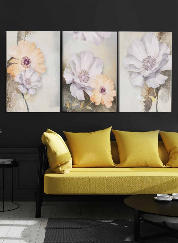 Set of 3 Canvas Paintings on a Wooden Frame, Flowers Group Design, for Home, Living Room, Office, Decoration