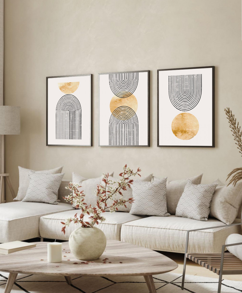 طقم من ٣ لوحات كانفاس على إطار خشبي، تصميم رسم للقمر وخطوط دائرية، للمنزل، غرفة المعيشة، المكتب، الديكور