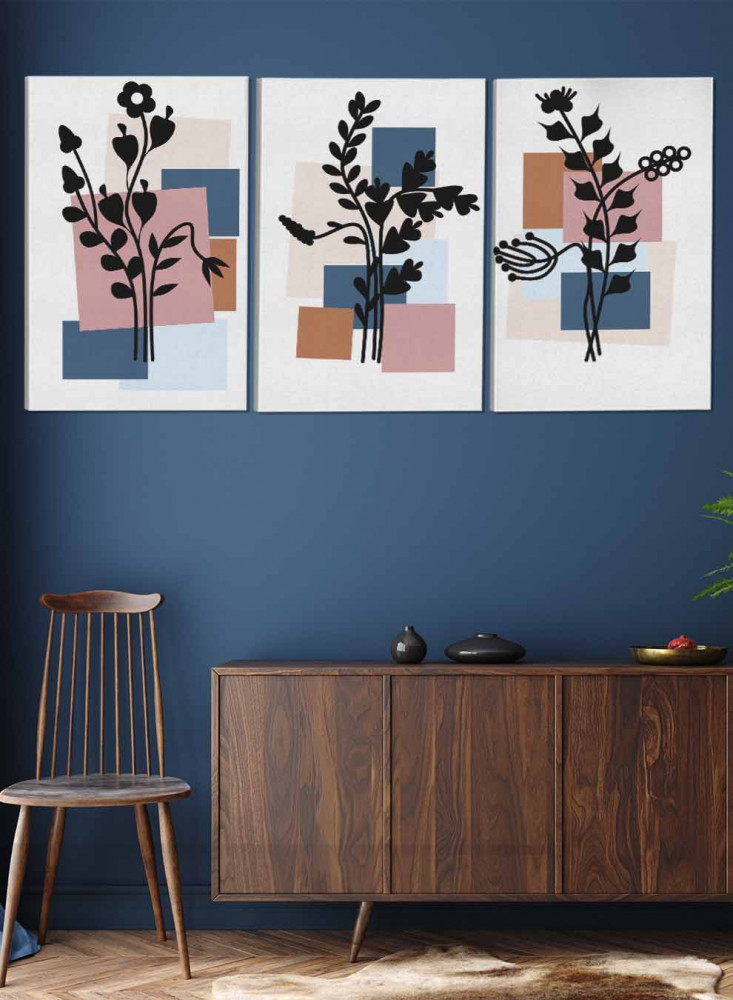 Set of 3 Canvas Paintings on Wooden Frame, Botanical Flowers Design, for Home, Living Room, Office, Decoration