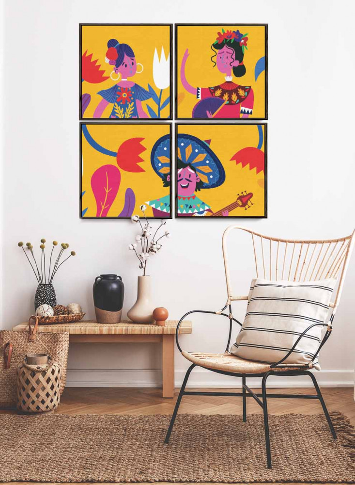 A set of 4 square canvas panels on a wooden frame, artistic design of colorful characters, for home, living room, office, decoration