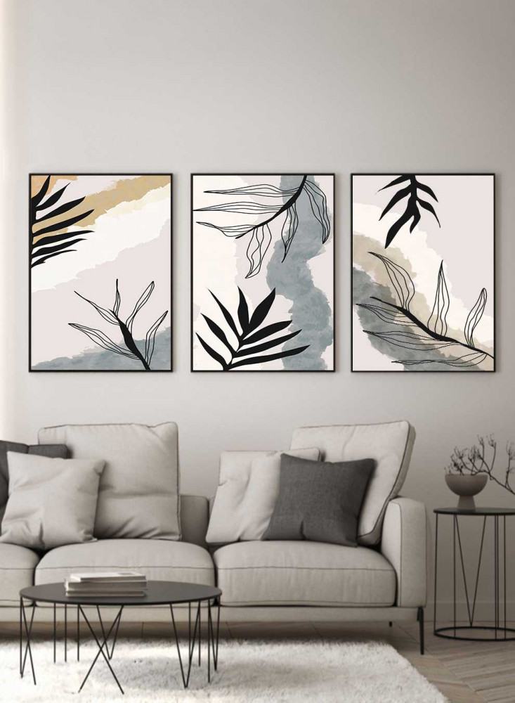 Set of 3 Canvas Paintings on Wooden Frame, Botanical Leaves Design, for Home, Living Room, Office, Decoration