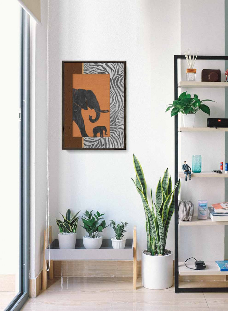 لوحة كانفاس على إطار خشبي، تصميم فن تجريدي لفيل وصغيره ، للمنزل، غرفة المعيشة، المكتب، الديكور