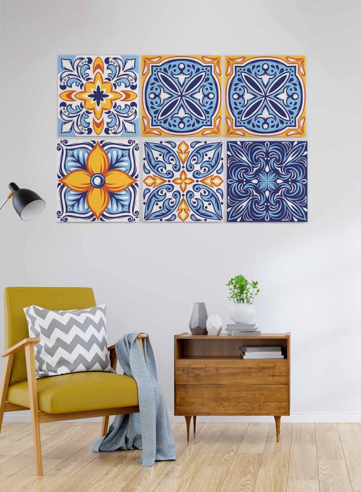 Set of 6 square canvas panels on a wooden frame, colorful Mexican pattern design, for home, living room, office, decor