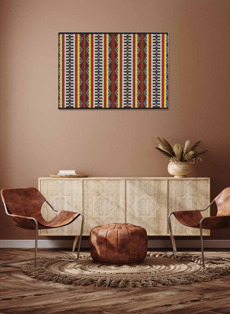 Canvas board on a wooden frame, Arabic Sadu pattern design in a horizontal view, for the home, living room, office, decor