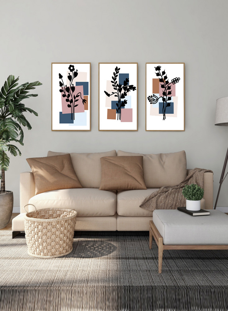 Set of 3 Canvas Paintings on Wooden Frame, Botanical Flowers Design, for Home, Living Room, Office, Decoration