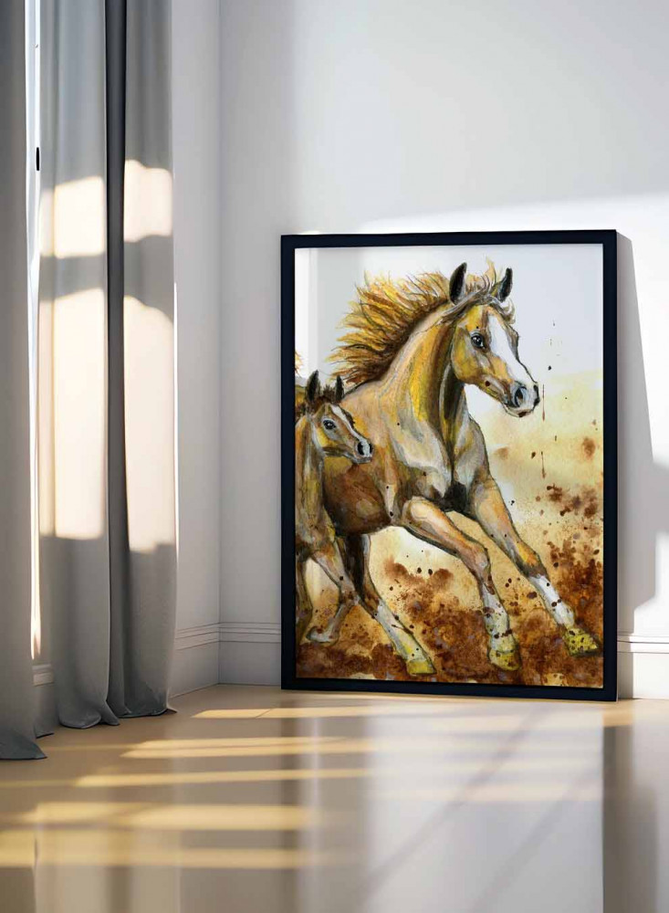 Canvas painting on a wooden frame, design of running horses, for home, living room, office, decoration