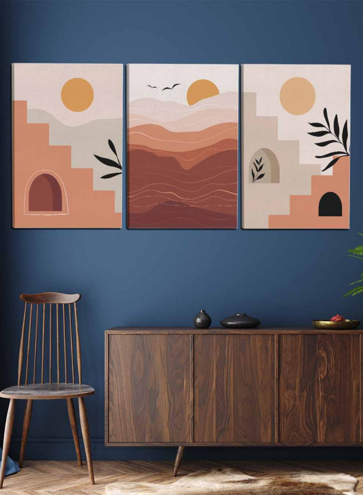 طقم من ٣ لوحات كانفاس على إطار خشبي، تصميم رسم تجريدي للنباتات والشمس، للمنزل، غرفة المعيشة، المكتب، الديكور
